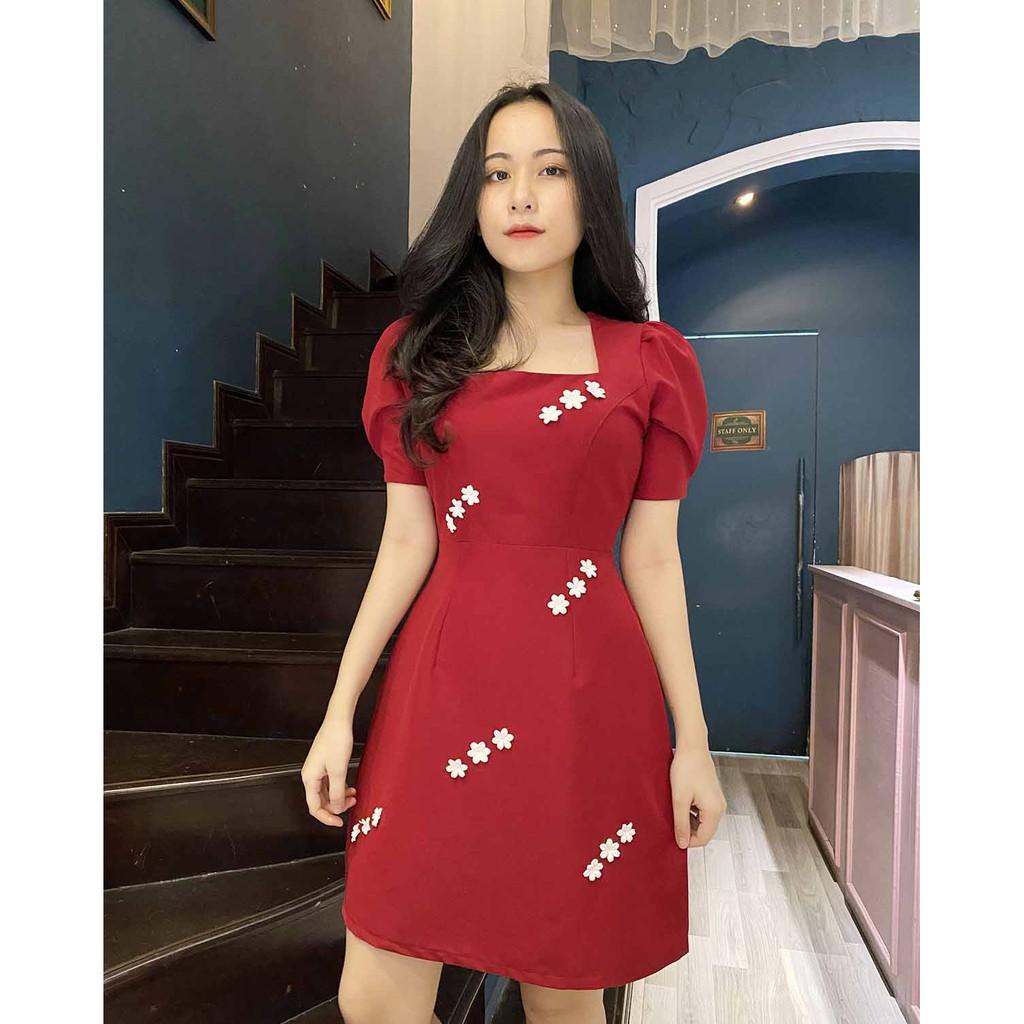 Đầm dự tiệc đỏ cổ buông đính kết hoa tỉ mỉ may 2 lớp