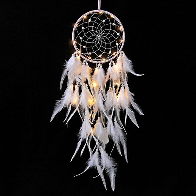 Dreamcatcher Đính Lông Vũ Có Đèn Led Trang Trí Phòng Ngủ Phòng Khách Tặng Kèm Móc Dán Tường