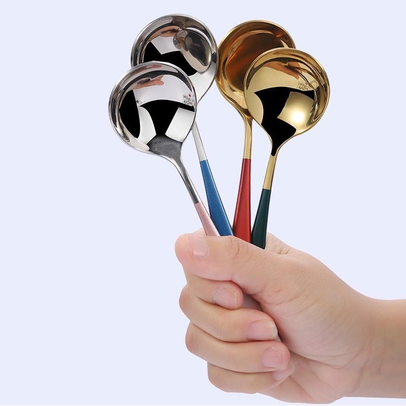 Thìa Inox Mạ Vàng Ăn Cơm Khuấy Cà Phê Cán Dài Nhiều Màu Sang Trọng