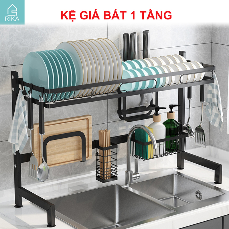 Kệ úp chén bát đĩa đa năng thông minh trên bồn rửa Rika KGB thép carbon không gỉ sơn đen tĩnh điện,1 2 tầng chịu lực cao