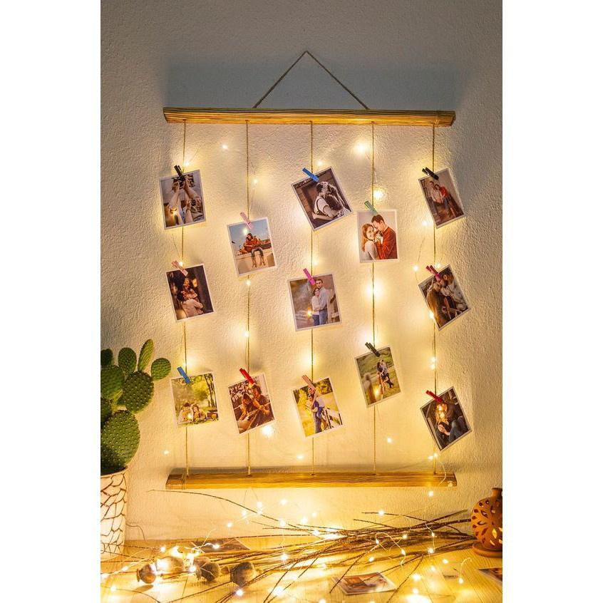 Khung ảnh treo tường vintage, khung ảnh treo tường gỗ thông tự nhiên kèm đèn led dây đèn đom đóm 3 mét dùng pin