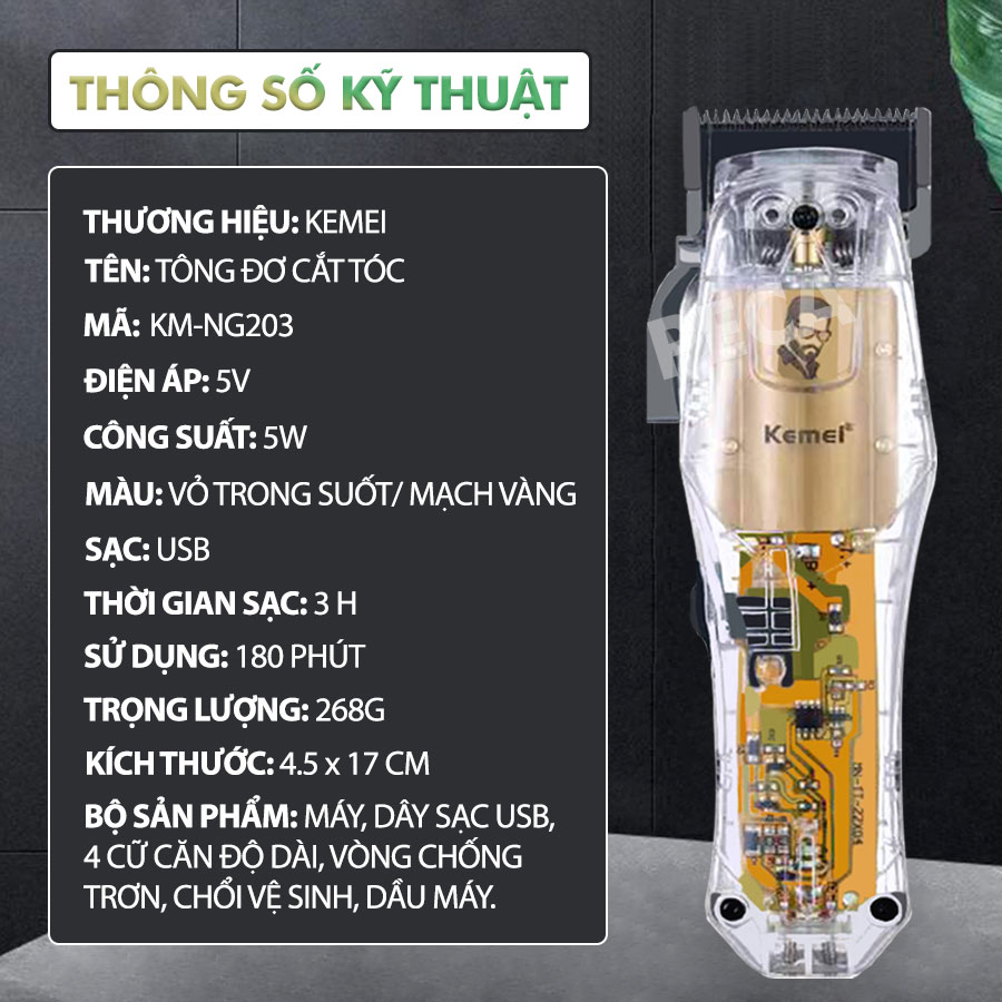 Tông đơ cắt tóc chuyên nghiệp Kemei KM-NG203 phiên bản trend thấy mạch cá tính sạc nhanh USB công suất mạnh có thể dùng cạo tóc phù hợp sử dụng salon tiệm tóc, barber shop