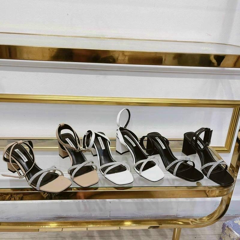 Sandal dây chéo đính đá gót vuông 7cm