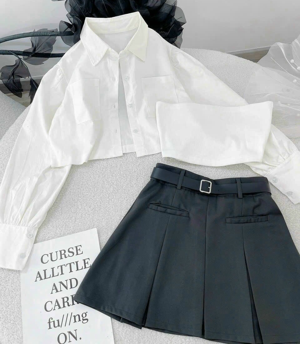 ĐẦM SET ÁO CROPTOP SƠ MI KHOÁC LỬNG TAY DÀI + ÁO ỐNG + CHÂN VÁY NGẮN LƯNG CAO XẾP LY CHỮ A MIDI ĐI TIỆC ĐI CHƠI NOEL DẠO PHỐ GIÁNG SINH ĐI BIỂN