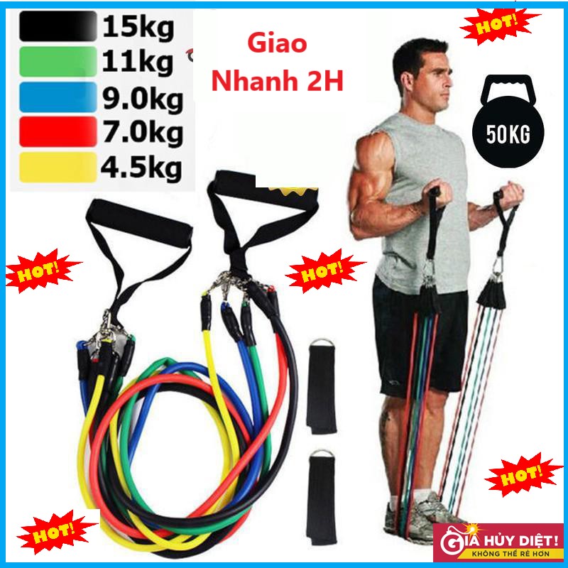 Bộ dụng cụ dây cao su đàn hồi tập thể thao, tập gym tại nhà tiện dụng J555 (tặng túi đựng dây rút)