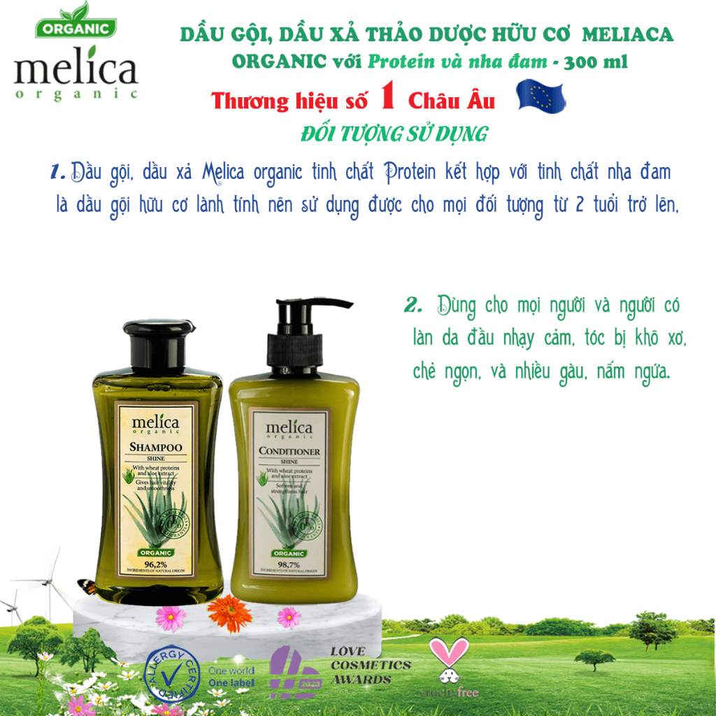 Dầu xả thảo dược hữu cơ da đầu nhạy cảm, tóc suôn mượt, mềm mại Melica Organic 300ml nha đam & protein thủy phân