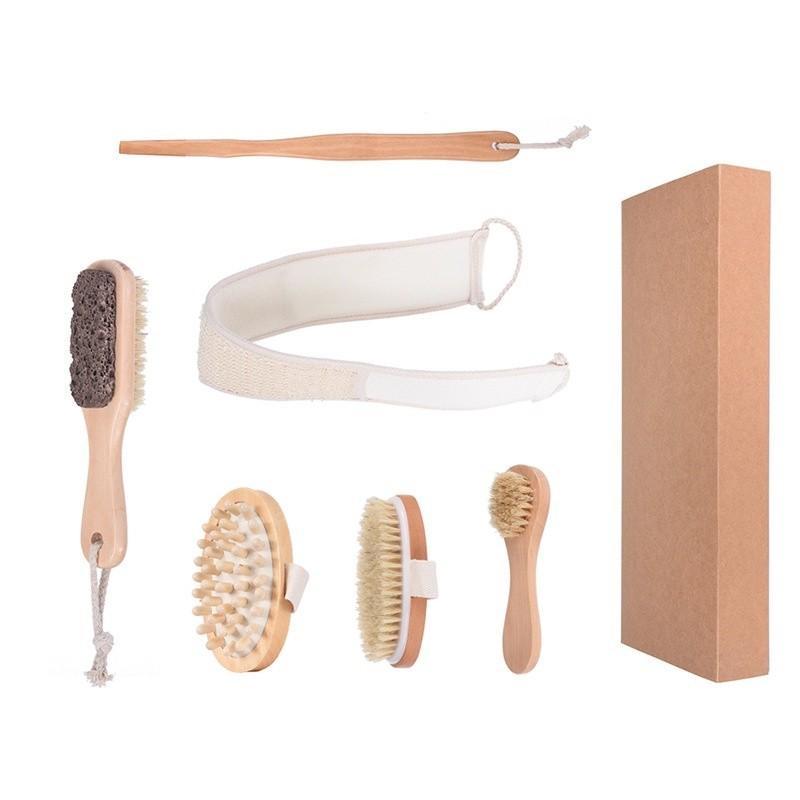 Bộ 5 Bàn Chải Tắm Cán Gỗ Tự Nhiên Làm Sạch Da, Chà Lưng Tắm Tẩy Tế Bào Chết, Gậy Tắm Massage Cơ Thể Body Cực Sạch Loại I