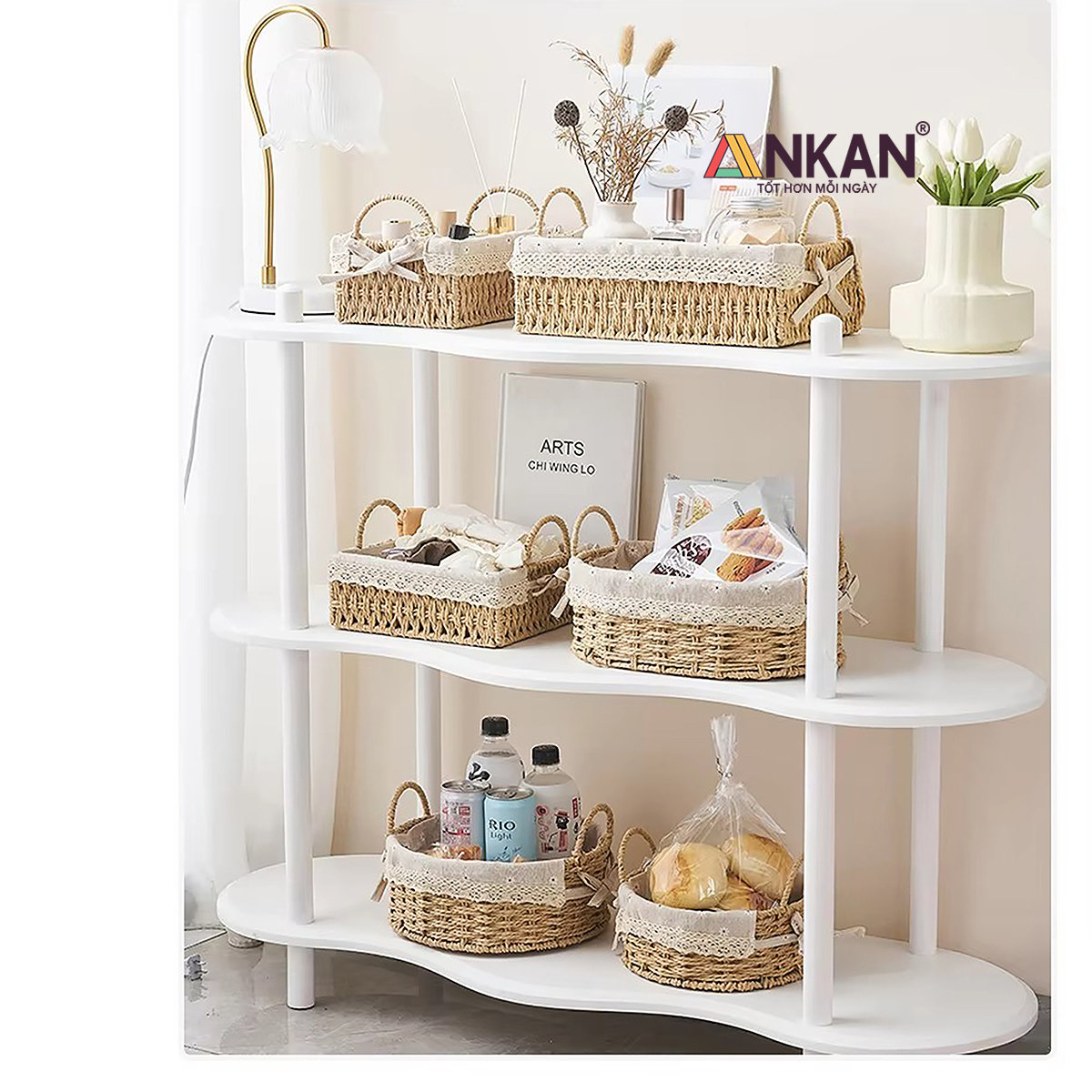 Giỏ Decor Hình Vuông Có Quai Xách – Đan Tay Thủ Công, Lót Vải Hoa Vintage, Trang Trí &amp; Đựng Đồ Đa Năng