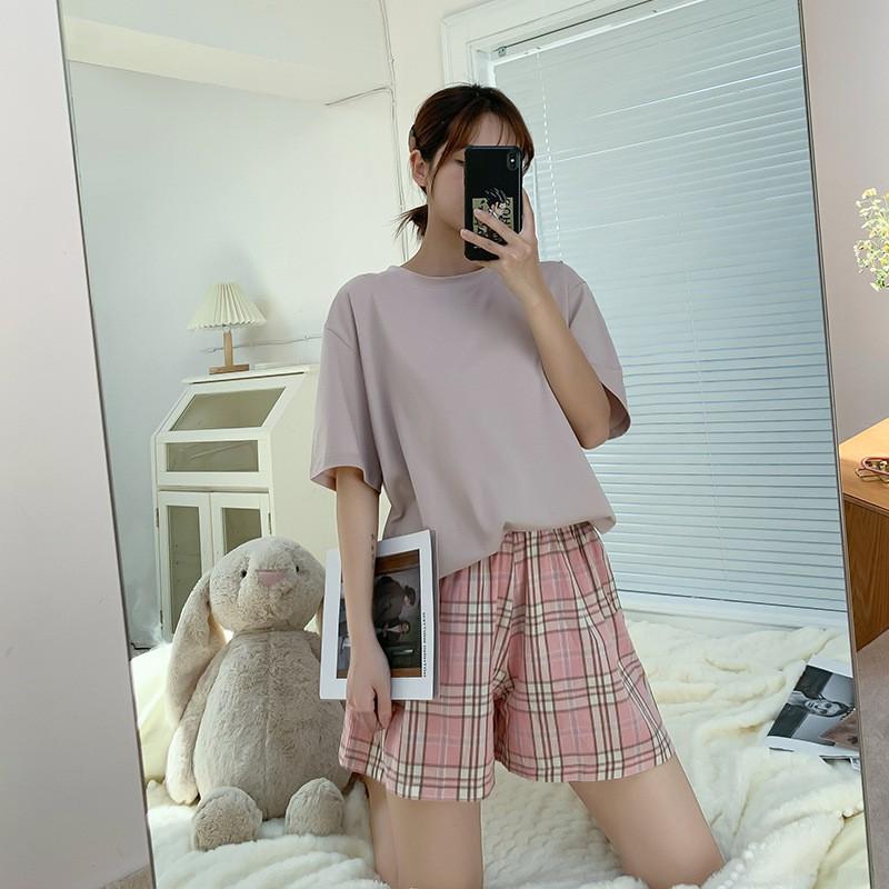 Bộ đồ nữ mặc nhà mùa hè mặc nhà kẻ dễ thương phiên bản Hàn Quốc