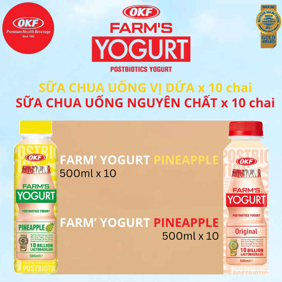 Combo Sữa chua uống Farm's nguyên chất + Sữa chua uống Farm's vị dứa mỗi loại 10 chai x 500ml