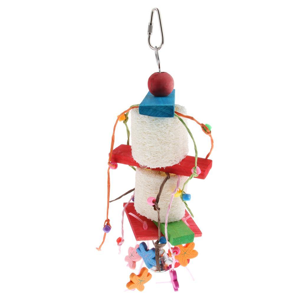2 Pcs Hanging Toys for Pet Parrot,Colorful Wood Blocks Loofah Leather Swing