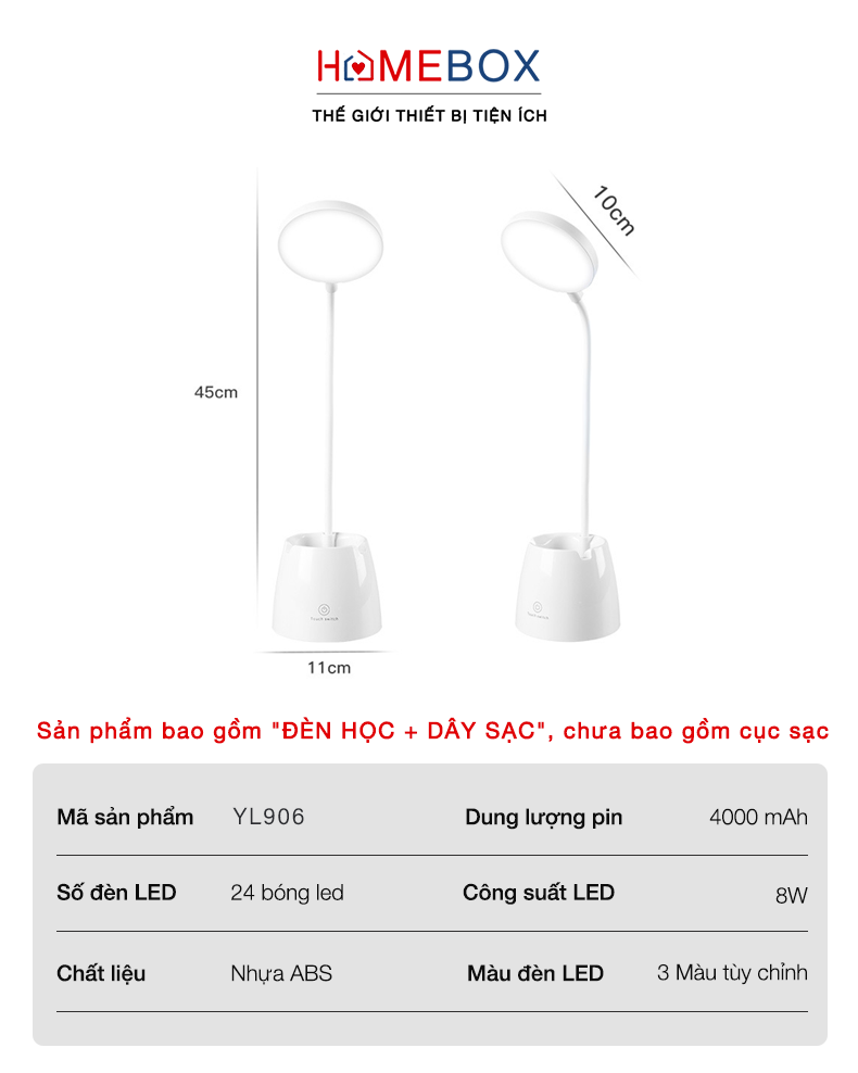 Đèn Học Để Bàn Bảo Vệ Mắt - Đèn Bàn Học LED Chống Cận Thị Hỗ Trợ Làm Việc, Đọc Sách, Trang Trí - Có Pin Tích Điện, Siêu Sáng, 3 Chế Độ Ánh Sáng - Hàng Chính Hãng