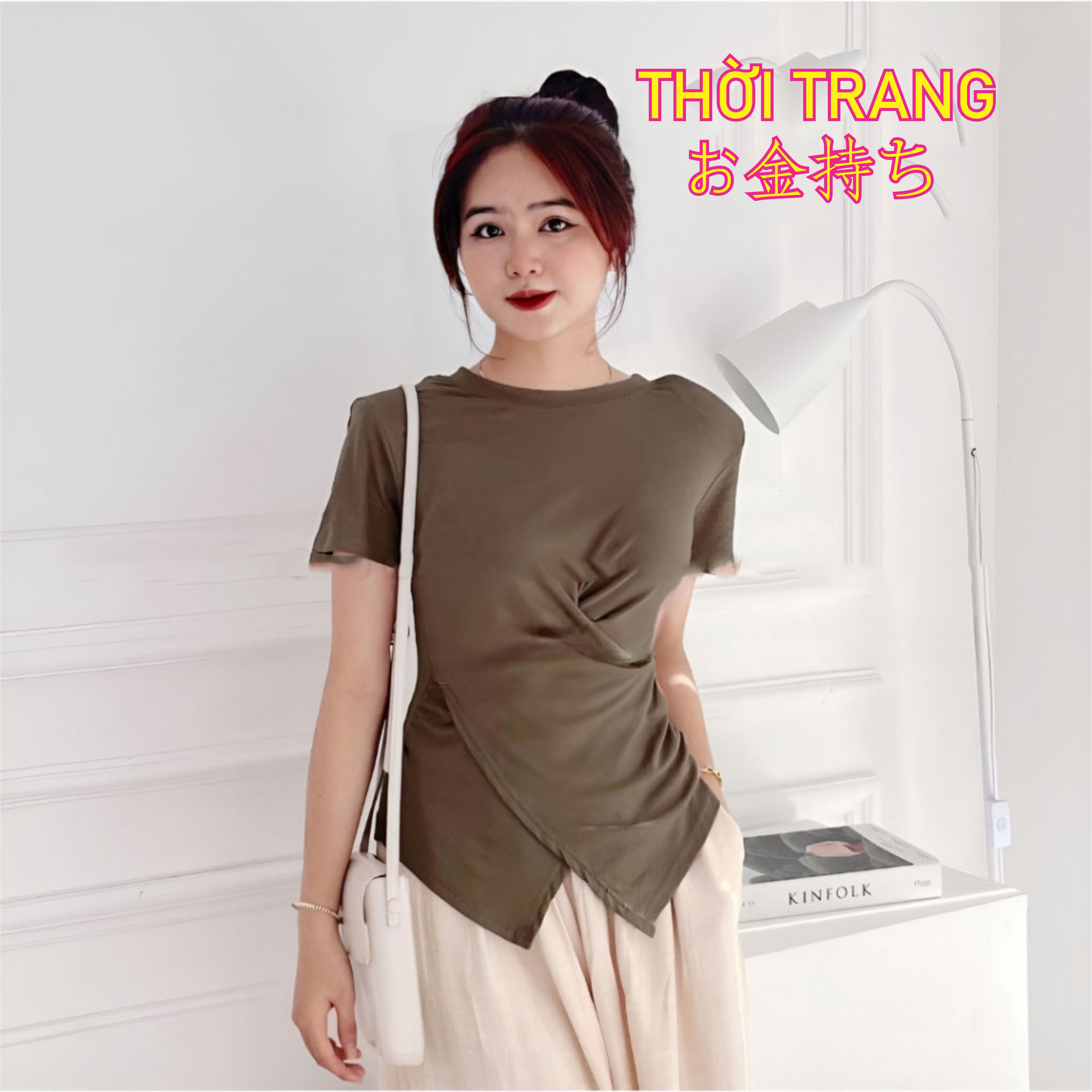 Áo thun cổ tròn xoắn bụng đệm vai 3112