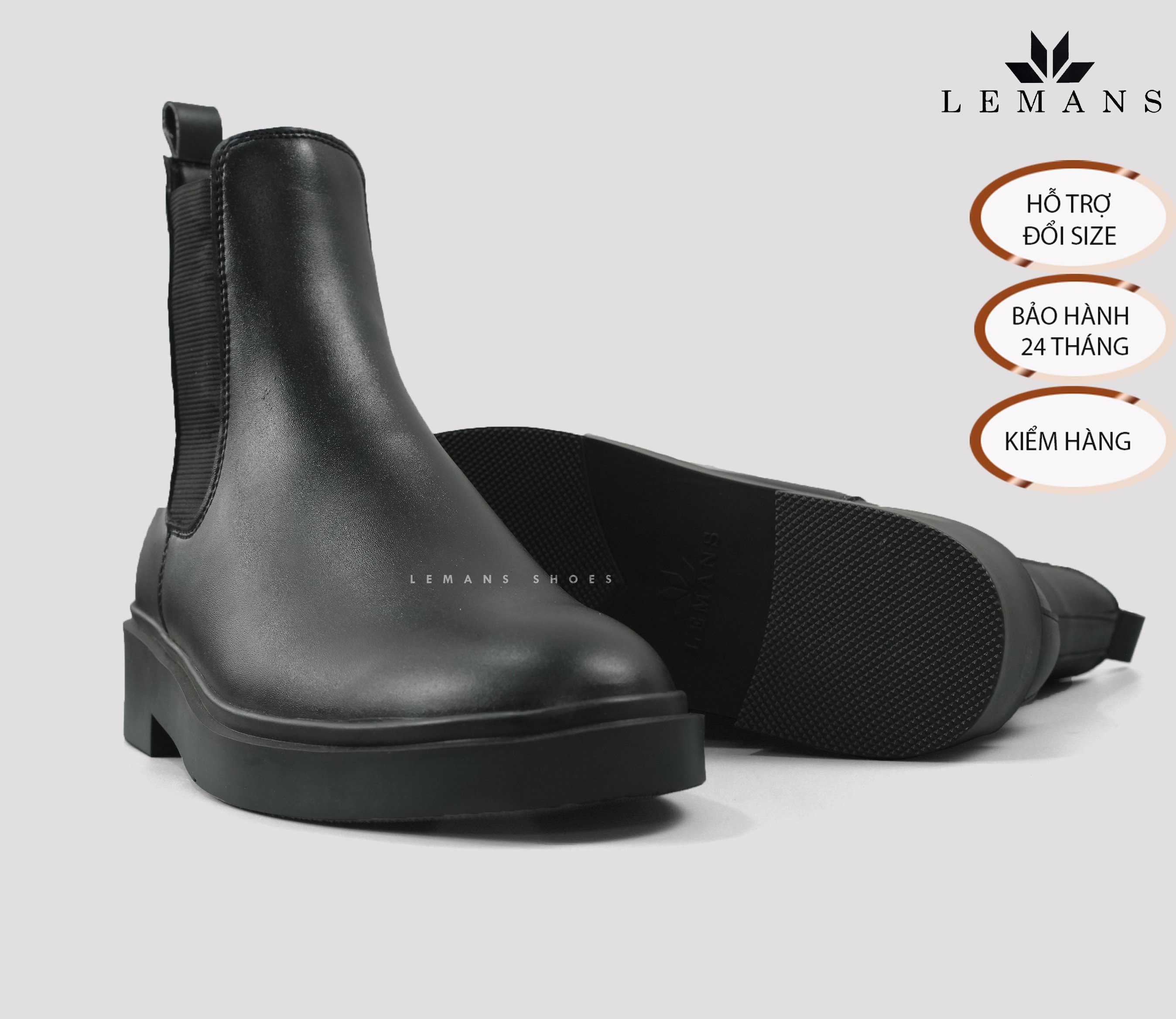 Giày da bò Chelsea Boots Black LEMANS CB66, đế lemans cao 4cm, boot nam chelsea boot nam, bảo hành 12-24 tháng