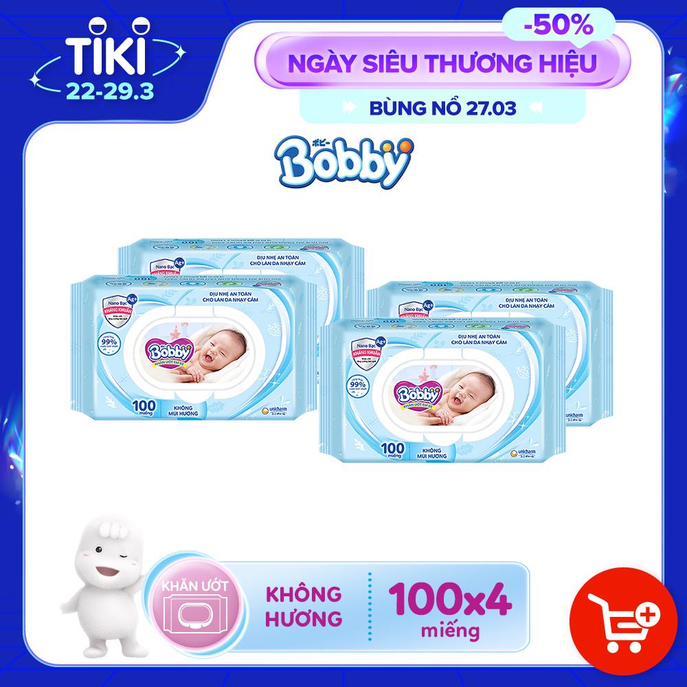 Combo Tiết Kiệm - 4 Gói Khăn Ướt Bobby Care Không Hương 100 Tờ/Gói