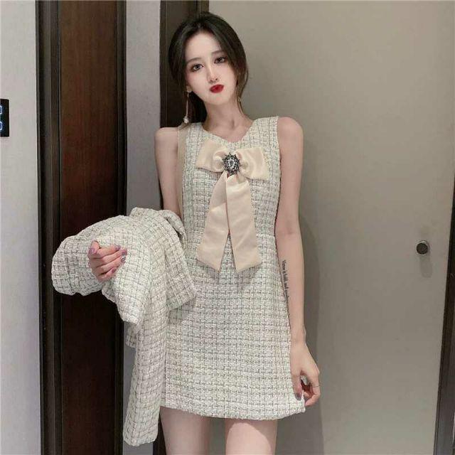 (SẴN) Set áo váy dạ tweed kèm nơ