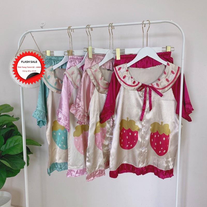 Bộ Pijama Nữ Lụa Viền Bèo Set Ngủ Nữ Cộc Tay Cổ Nơ