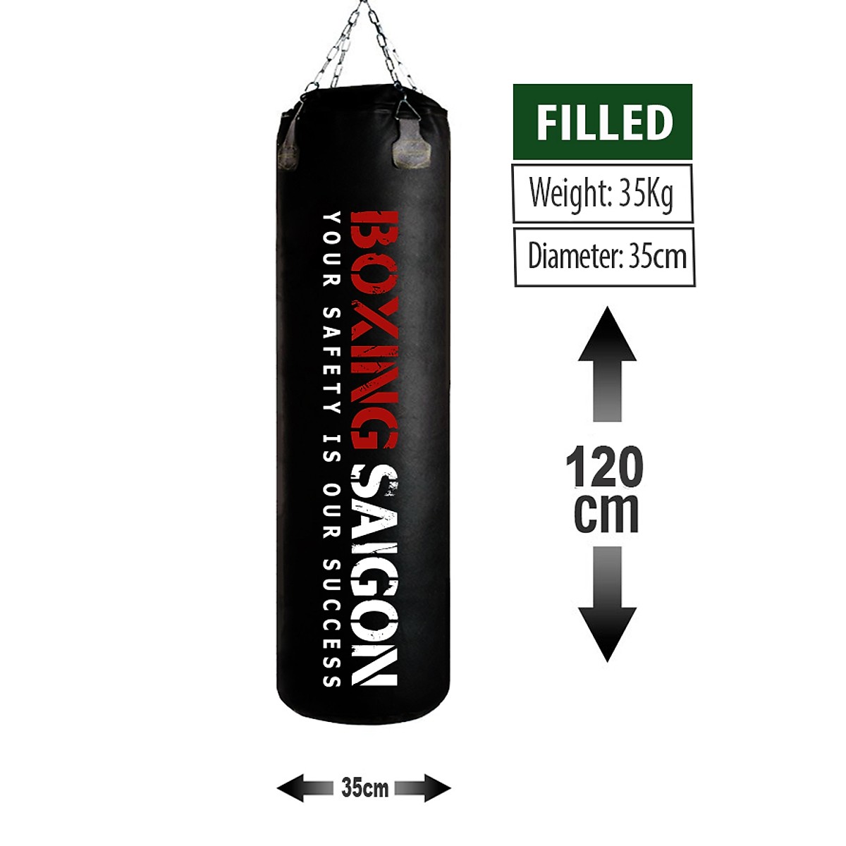Bao cát boxing dây xích 1m2 Boxing Saigon đen - Tặng móc treo bao