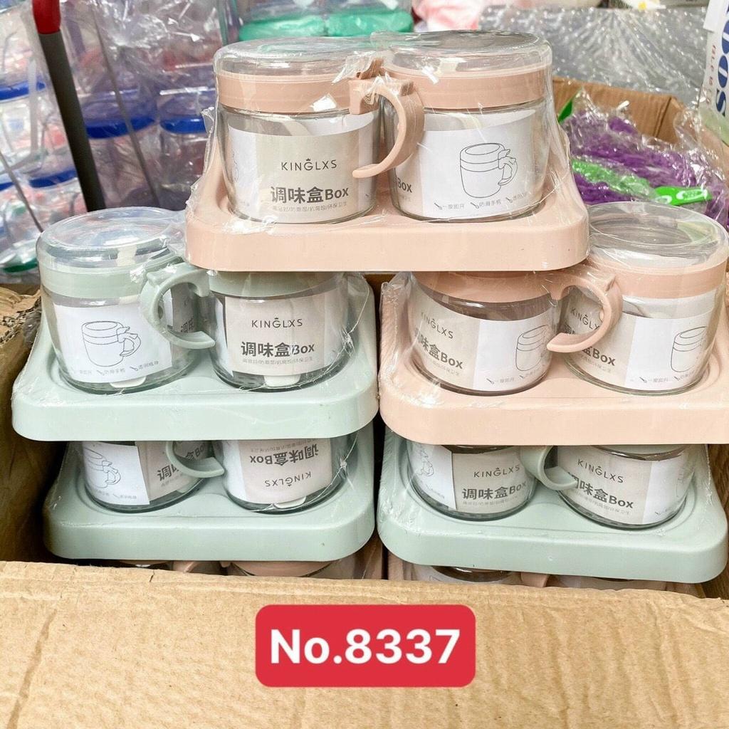 Bộ 2 hũ đựng gia vị thủy tinh cao cấp có khay nhiều màu