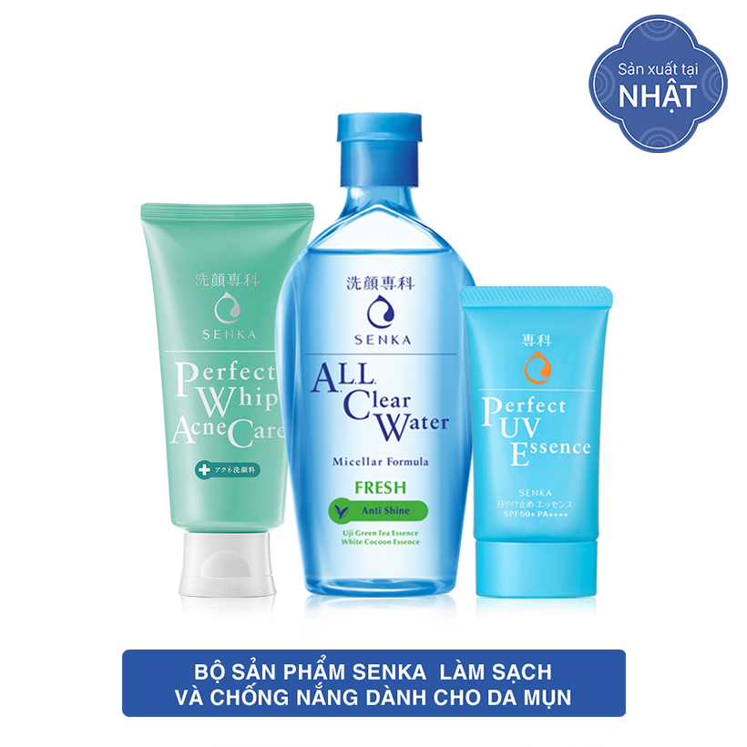 Bộ sản phẩm Senka làm sạch và chống nắng dành cho da mụn (Senka A.L.L.Clear Water Fresh 230ml + SRM Acne Care 100g + Senka Perfect UV Essence 50g)