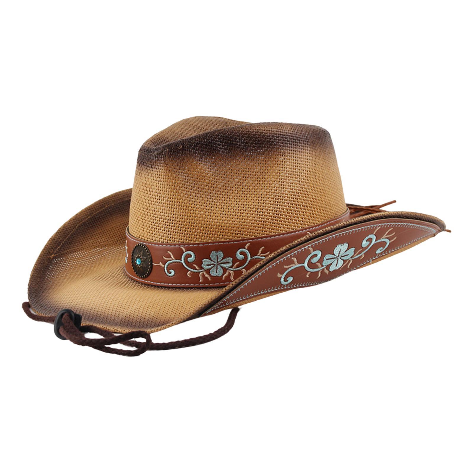 Western Style Cowboy Hat Women Men Wide Roll up Brim Outdoor Sun Hats with Chin Strap Versatile Jazz Caps Sun Protection for Festivals Travel