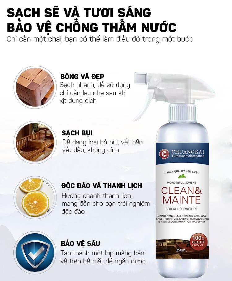 Dung Dịch Xịt Bảo Dưỡng, Làm Sạch Vết Bẩn Và Đánh Bóng Đồ Nội Thất Gỗ 250ml