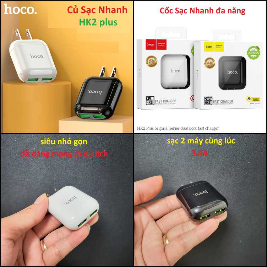 Củ Sạc Nhanh 2 Cổng HK2 plus 2 cổng 3.4A cực nhanh – Cốc Sạc Nhanh nhỏ gọn - 2 màu lựa chọn – Cốc Sạc Đa Năng bh 12 tháng