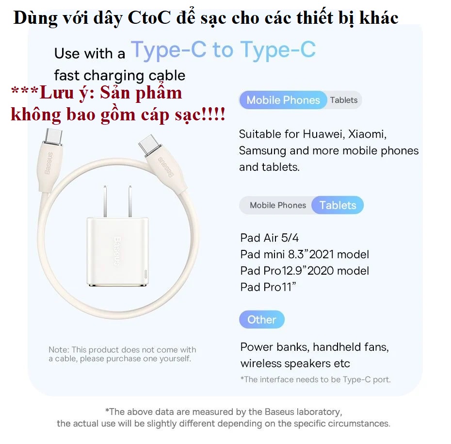 Củ sạc nhanh 1 cổng type-C 20W Baseus GaN3 CCGAN20CC  _ Hàng chính hãng