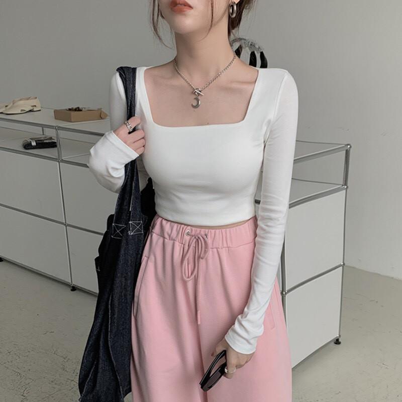 Áo croptop màu trơn cổ vuông dáng ôm trẻ trung