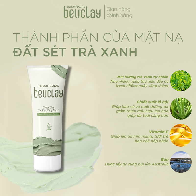 Mặt nạ bùn đất sét BEUCLAY trà xanh sáng da, se khít lỗ chân lông, kiểm soát dầu, ngăn ngừa mụn cám mụn đầu đen