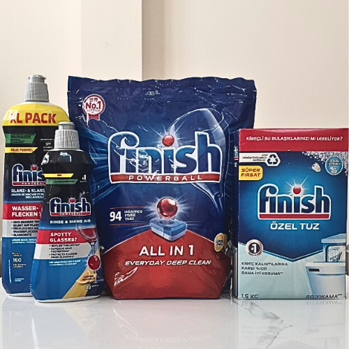 Combo viên rửa chén bát finish all in 1 hộp 90 viên + muối rửa ly finish 1,5kg + nước làm bóng finish 1150ml