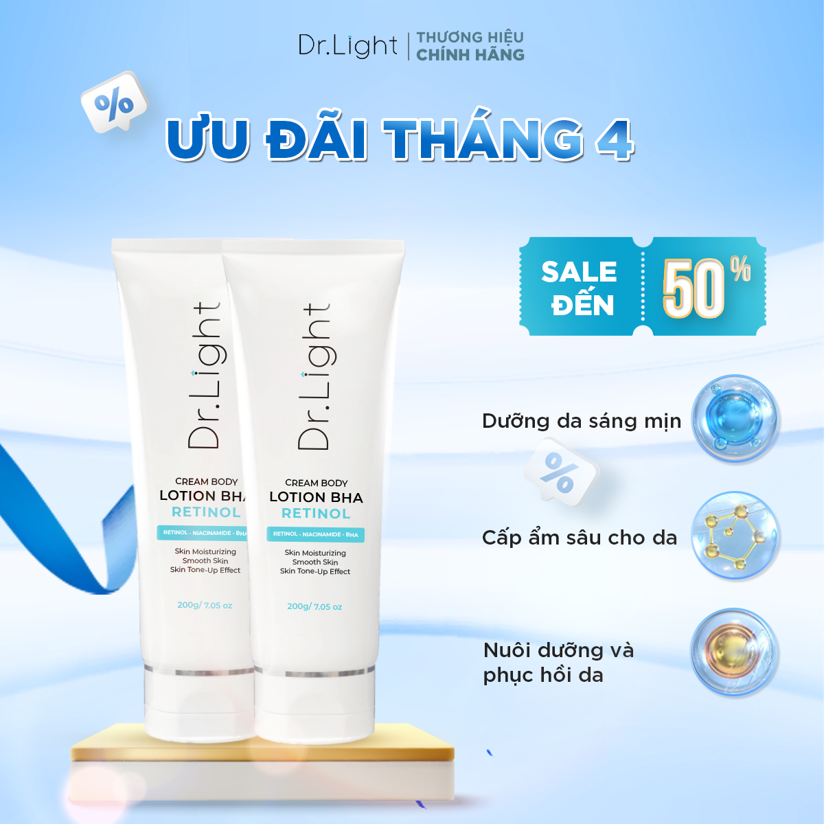 COMBO 2 Kem Body Dr.Light Kem dưỡng Trắng Sáng Da Với Hợp Chất Retinol Niacinamide BHA 200ml