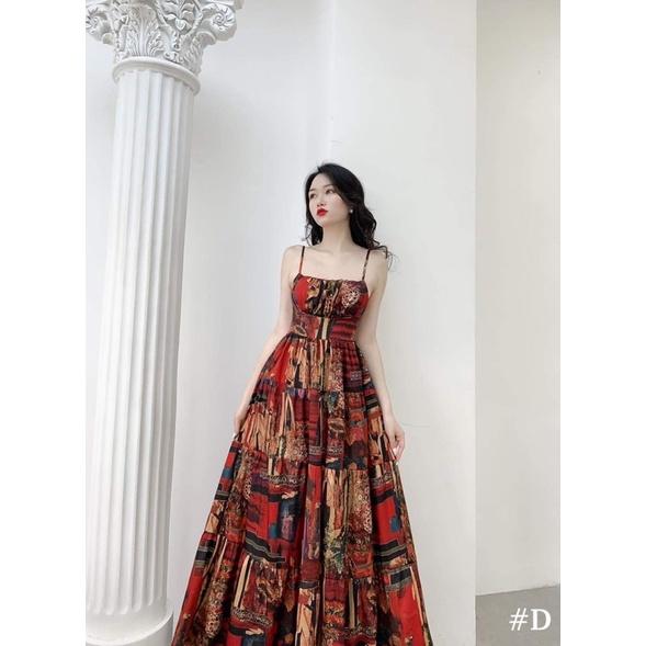 Đầm maxi thổ cẩm hai dây hở lưng đi biển có mút ngực 2 màu