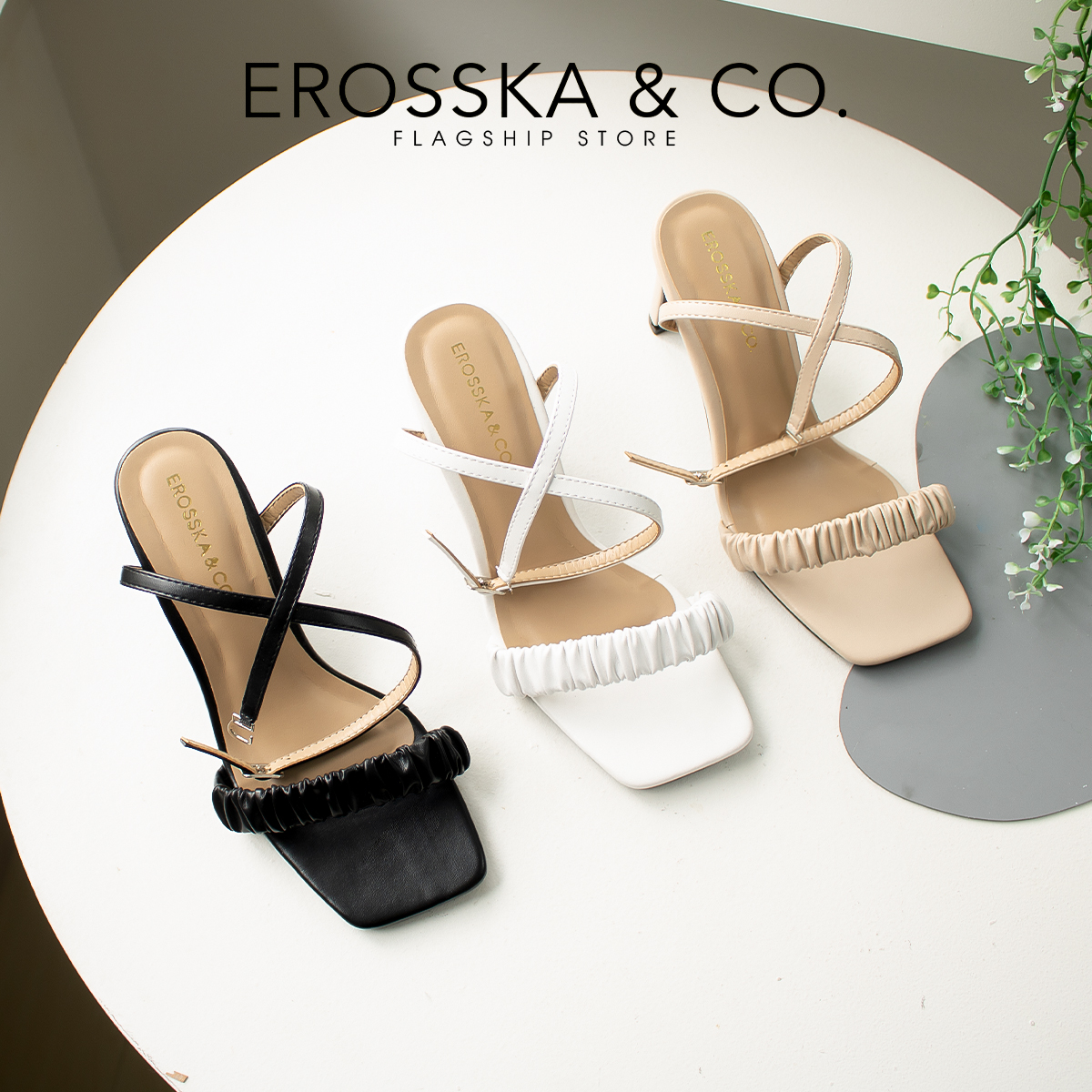 Erosska - Giày sandal cao gót nữ mũi vuông phối dây quai mảnh cao 8cm - EB044