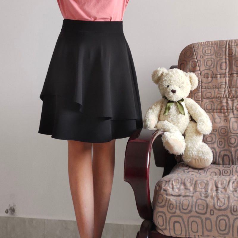 Chân Váy Công Sở New Design Thiết Kế 2 Tầng Váy Xòe Tôn Dáng Midi Che Khuyết Điểm, Vải Tốt Màu Đen Co Giãn Mặc Mát