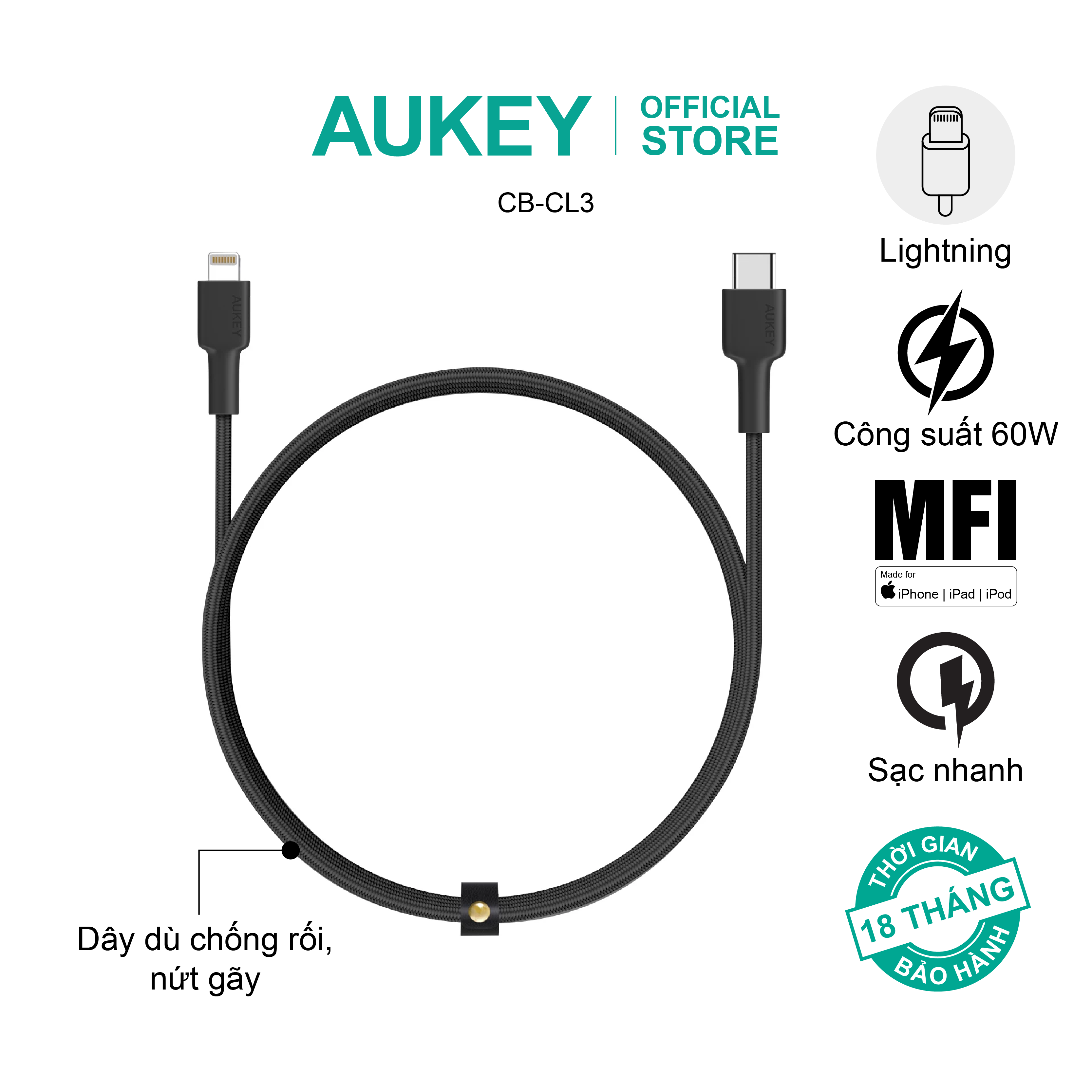 Cáp dây dù chống rối lõi đồng Type-C to L MFI 0.9 mét Aukey CB-CL3, hàng chính hãng