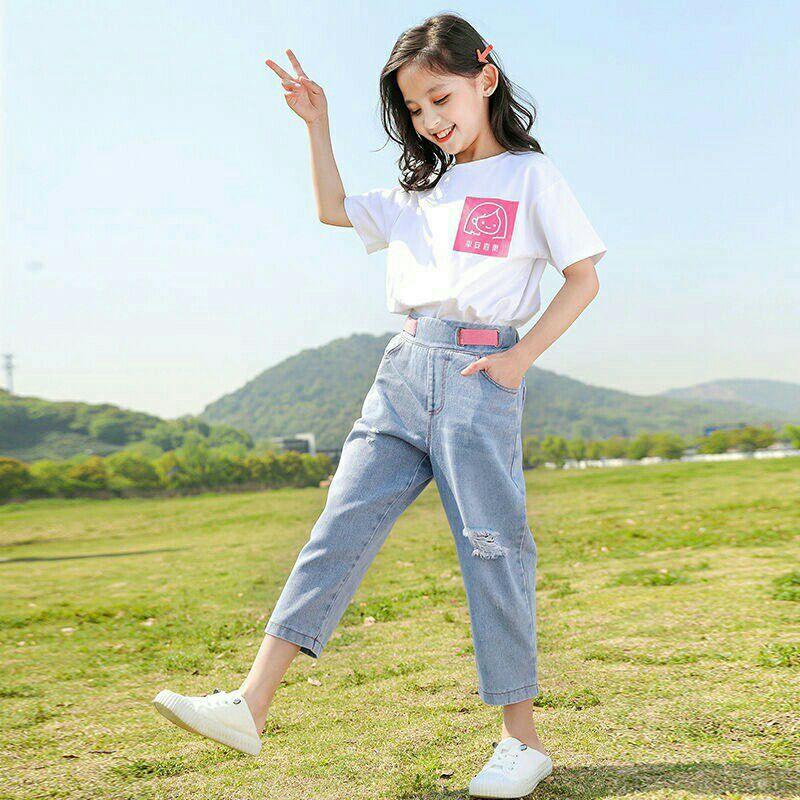 Set quần jeans và áo sơ mi hoa nhí bé gái siêu xinh