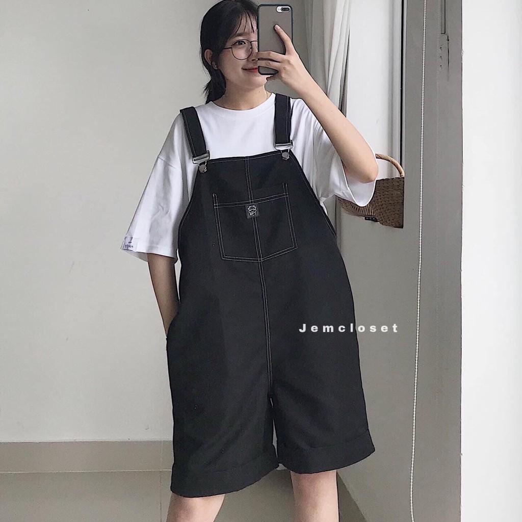 [RẺ VÔ ĐỊCH] Quần Yếm Nữ Dáng Xuông Ulzzang Yếm Kaki Đùi Lửng Form Rộng Unisex Có 2 Túi Trước 2 Màu Đen Trắng - phông trơn đen