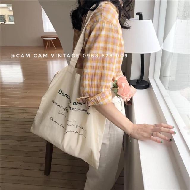 TÚI TOTE VẢI TÚI TOTE TRẮNG NGÀ VINTAGE IN CHỮ XANH