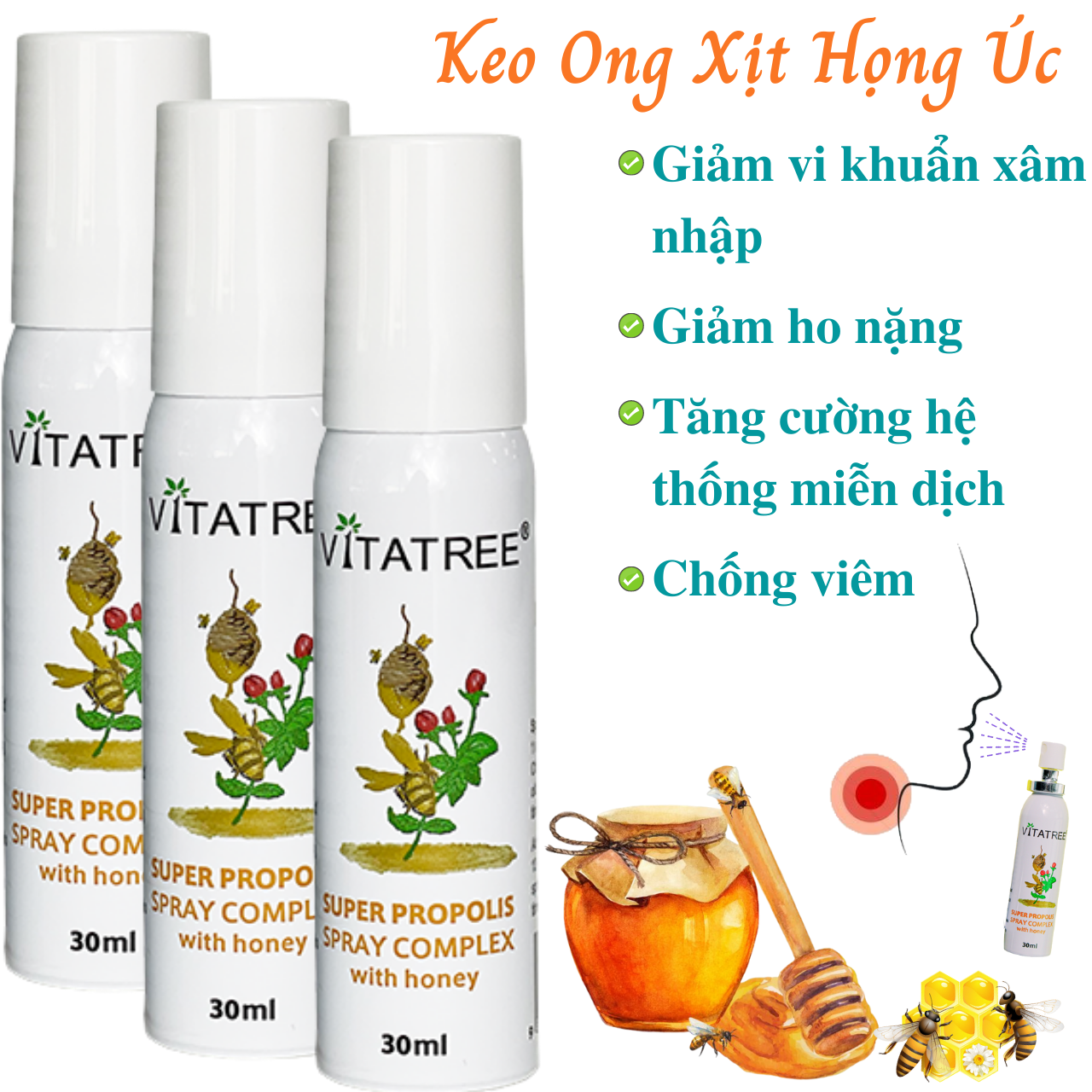 Xịt họng keo Ong Úc Vitatree Super Propolis Spray Complex with Honey Giúp bổ sung kháng khuẩn tự nhiê, Giảm đau rát viêm họng, ho, nhiệt lỡ miệng - Massel Official