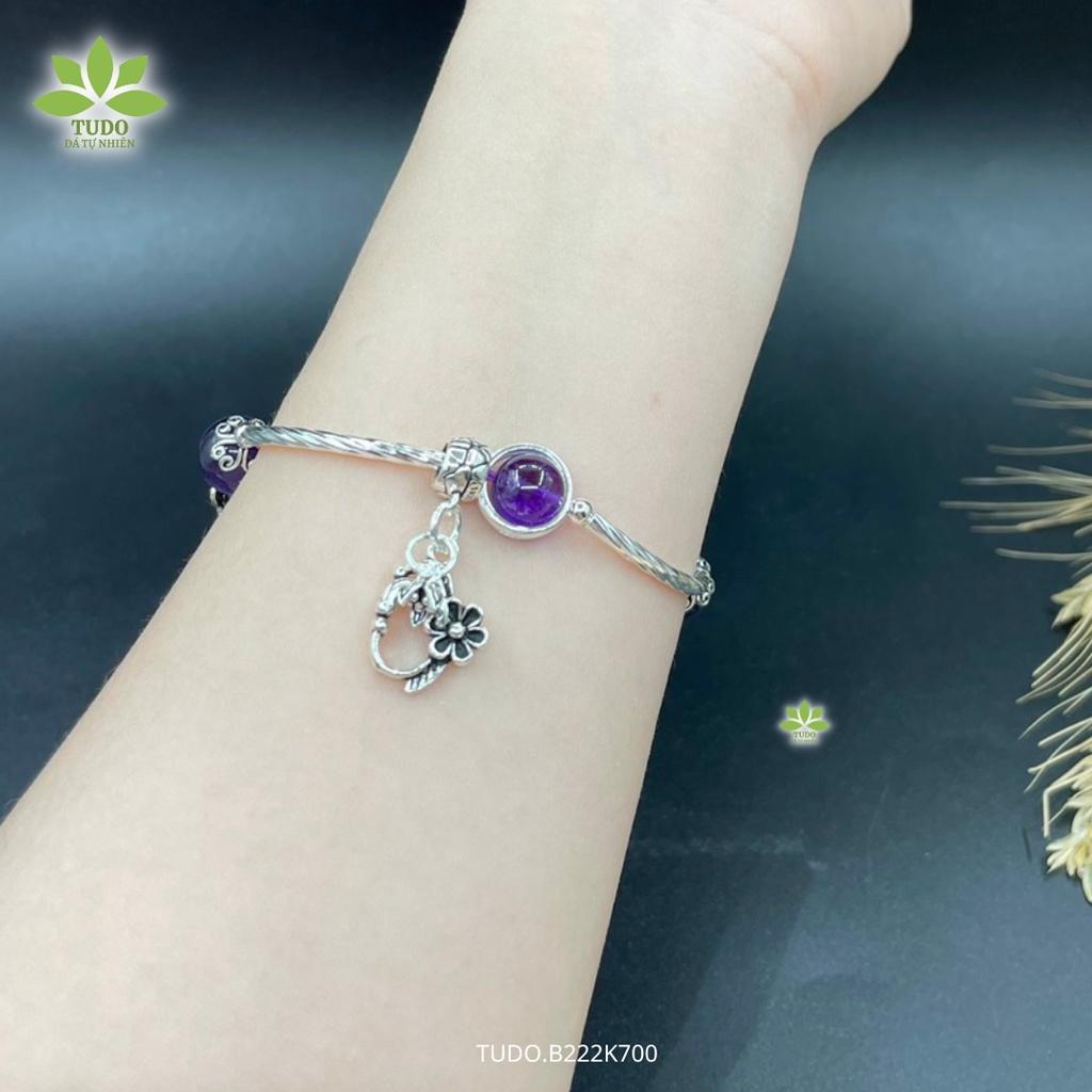 Vòng Tay Bạc Nữ Charm Bạc Cát Tường, Hoa Sen, Ốp Bọc Mix TA Tím TUDO B222K700 cho Mệnh Hỏa Thổ