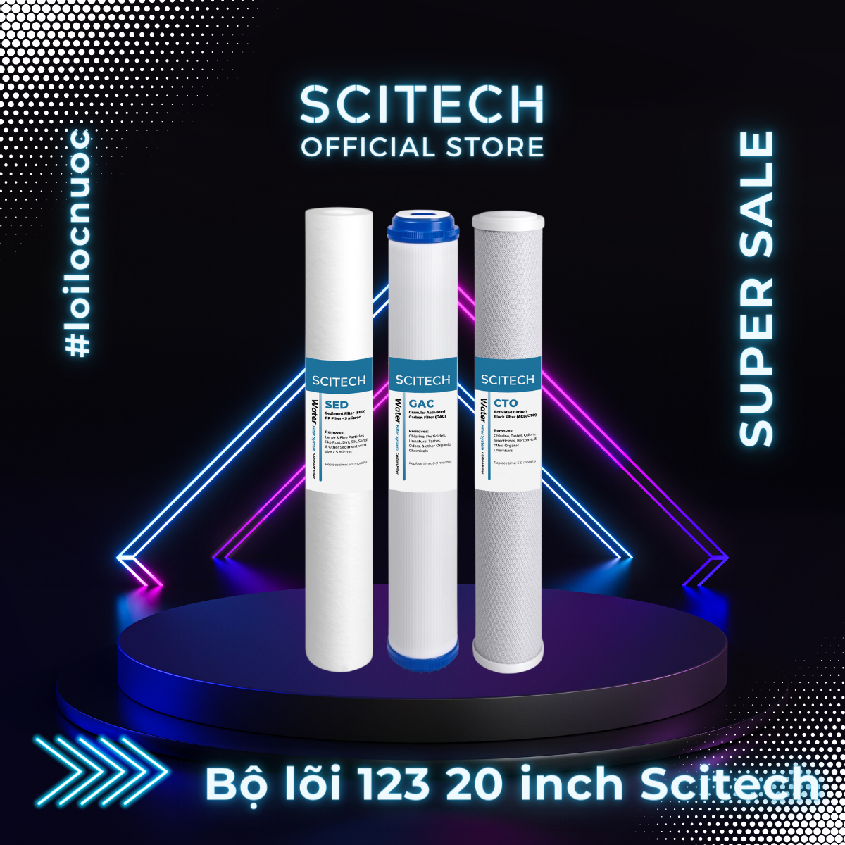 Bộ lõi số 1,2,3 20 inch by Scitech (Lõi PP-UDF-CTO) - Dùng cho máy lọc nước RO, bộ lọc thô - Hàng chính hãng