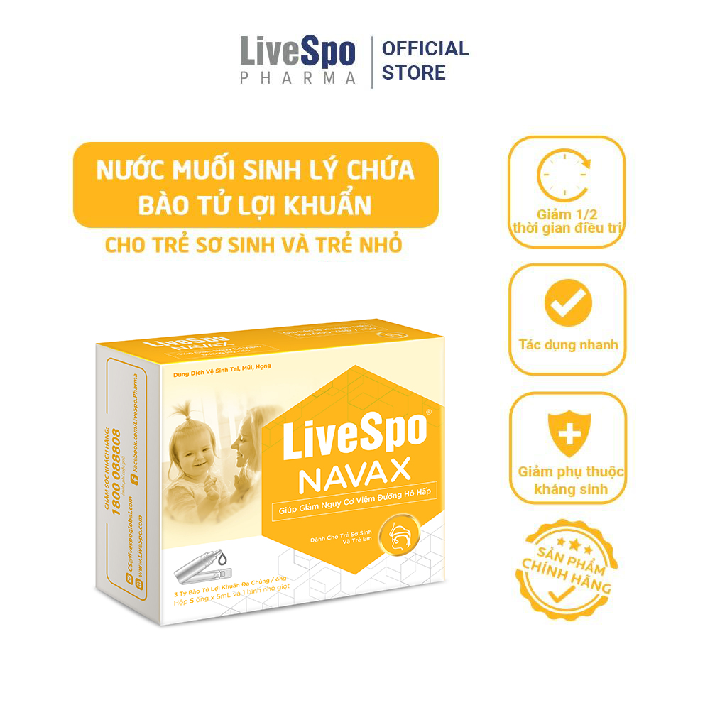 Combo Hộp nước muối sinh lý bào tử lợi khuẩn LiveSpo Navax Kids 5 ống x 5ml và Hộp Livespo Navax chuyên dụng 4 ống x 5ml