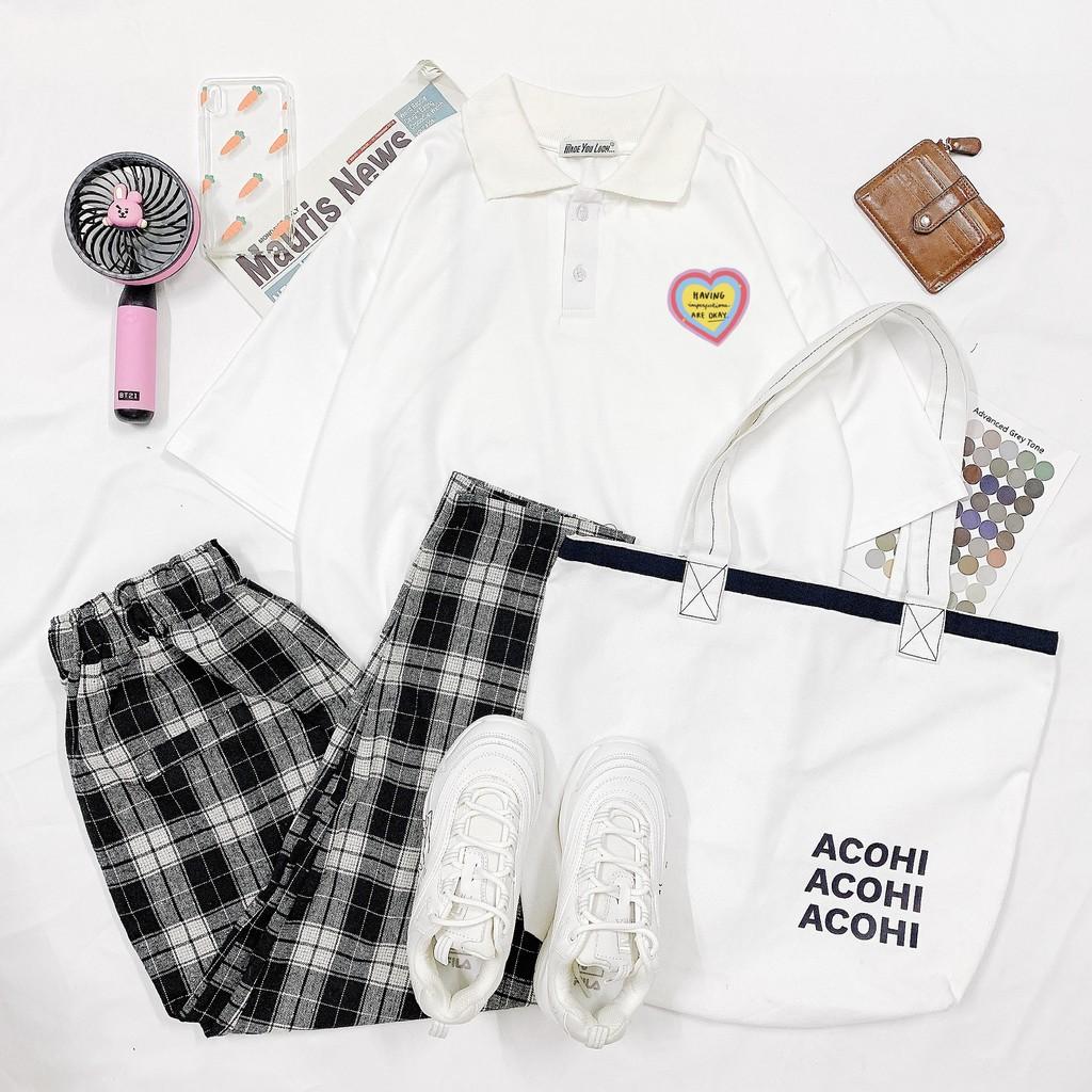 Polo áo thun có cổ tay lỡ in TRÁI TIM HAVING form rộng ulzzang couple nam nữ UNISEX