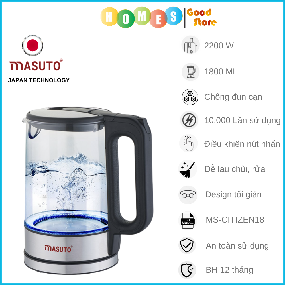 Ấm Đun Siêu Tốc MASUTO MS-CITIZEN Đun Cực Nhanh 2 Phút Sôi Công Nghệ Nhật Bản Dung Tích 1.8 Lít Công Suất 2200 W - Hàng Chính Hãng