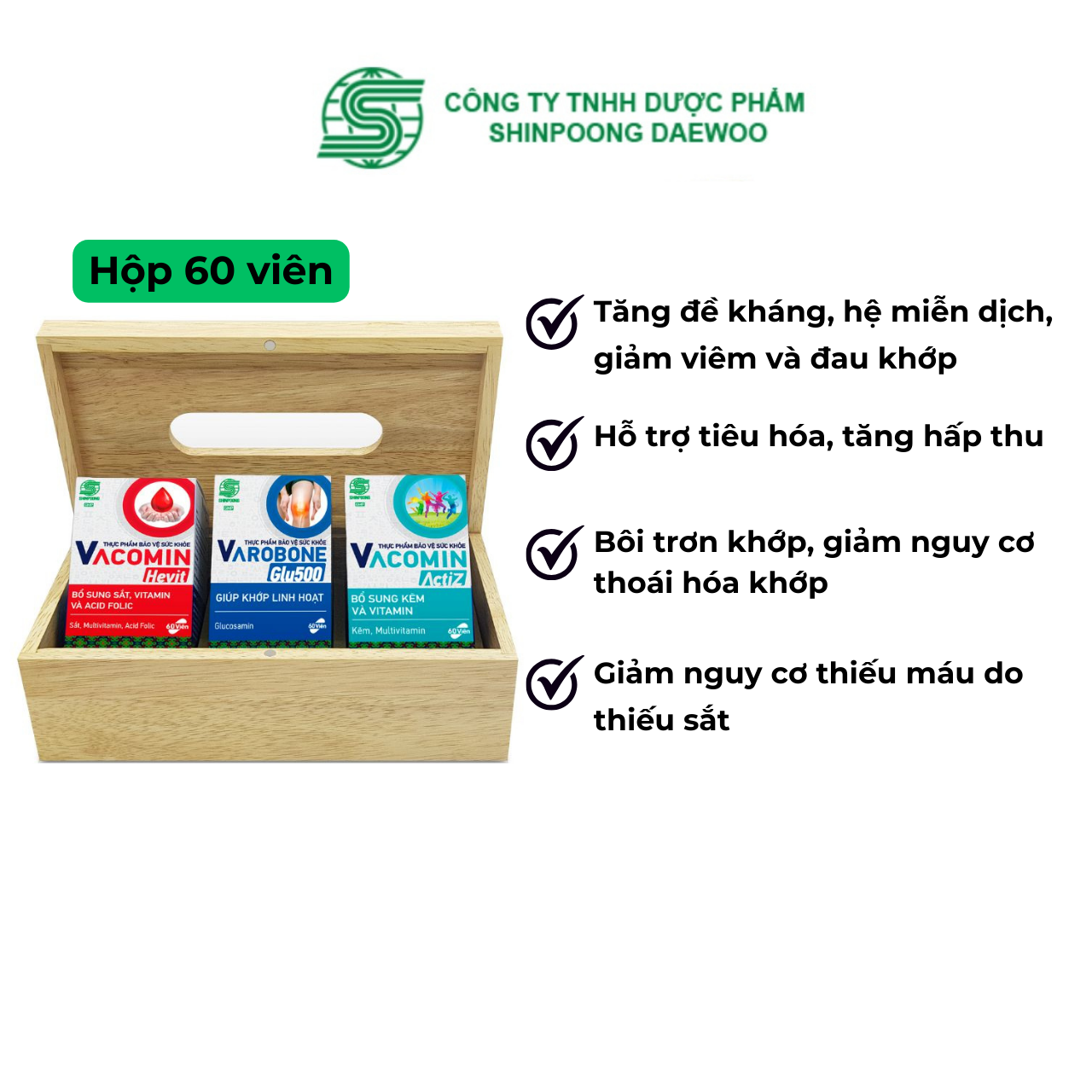 COMBO Viên Uống Vitamin tổng hợp, bổ máu và hỗ trợ khớp VACOMIN ACTIZ, HEVIT, VAROBONE - SHINPOONG 60 viên