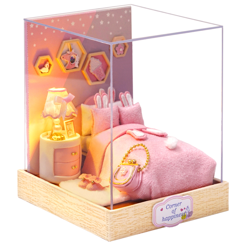 Mô hình nhà DIY Doll House Corner Of Happiness Kèm Đèn LED và Mica chống bụi