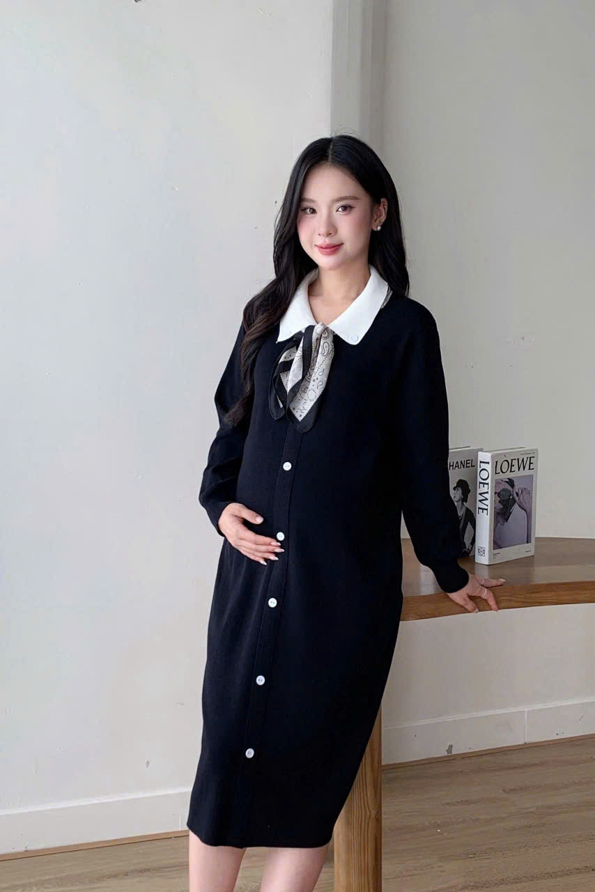 Váy Bầu Len Dáng Suông Mặc Công Sở Thu Đông