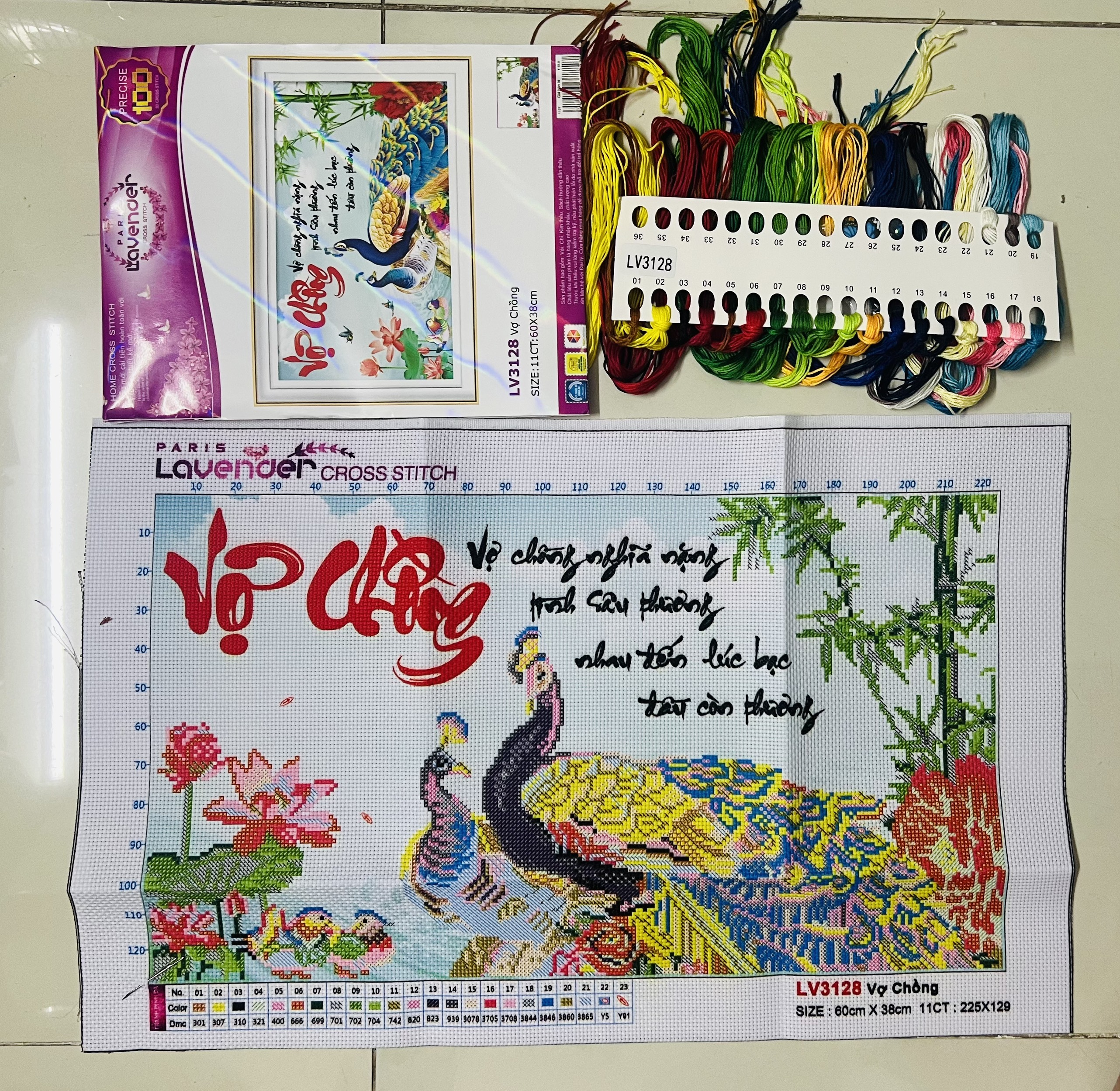 Tranh thêu chữ thập Vợ chồng nghĩa nặng tình sâu LV3128, kích thước 60 x 38 cm