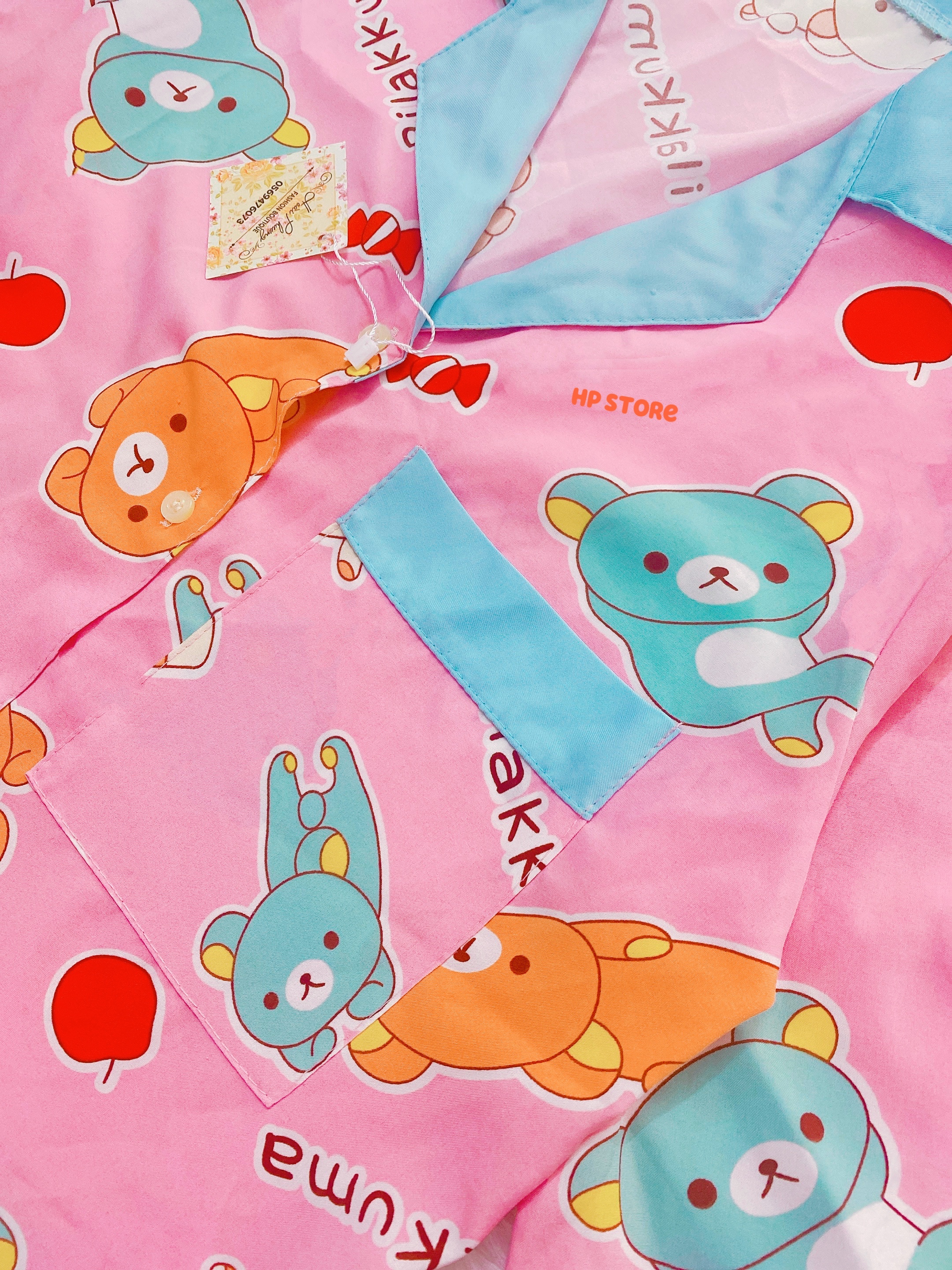 Đồ Bộ Pijama Gấu Hồng Xanh Lụa Thái Mịn Hoạ Tiết Tay Dài Quần Dài Siêu Xinh
